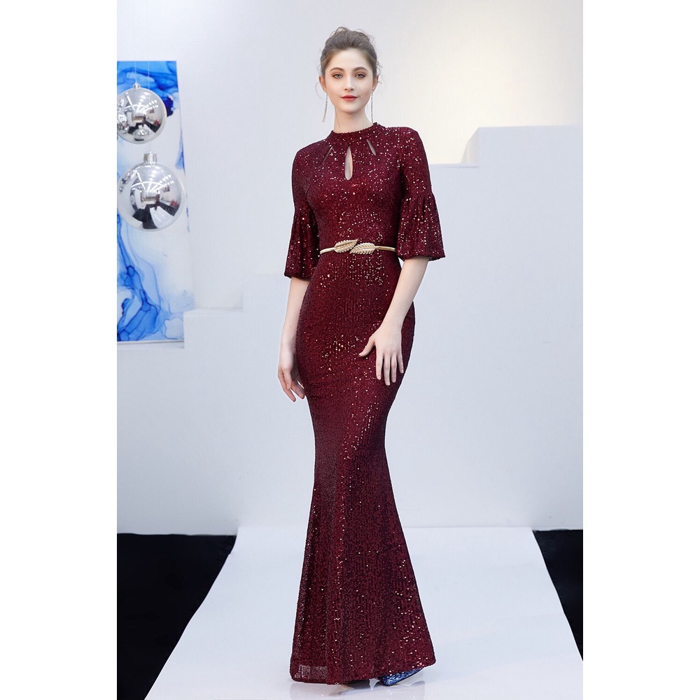 Bell Sleeve Full Sequins Mermaid Evening Gown (Burgundy) (Made To Order)
