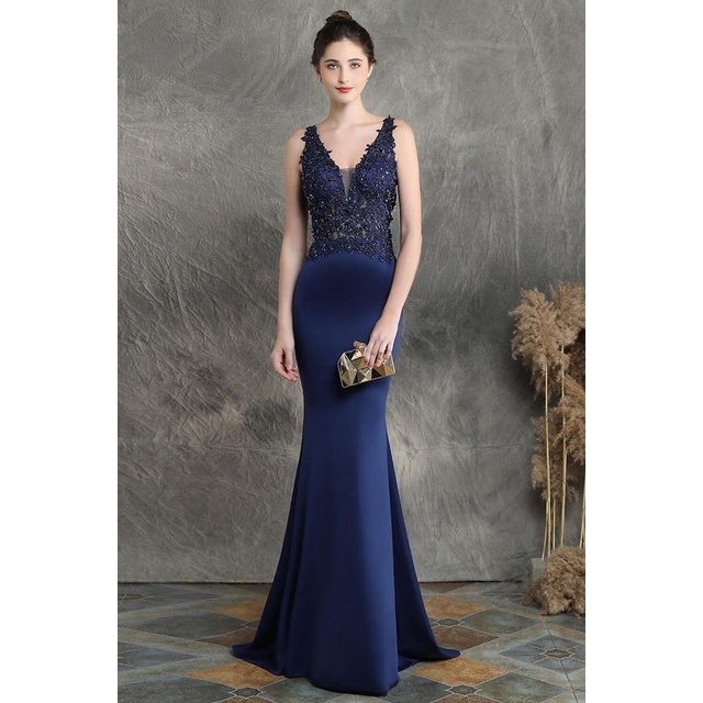 Low Back V-Neck Mermaid Evening Gown (Blue) (Made To Order)