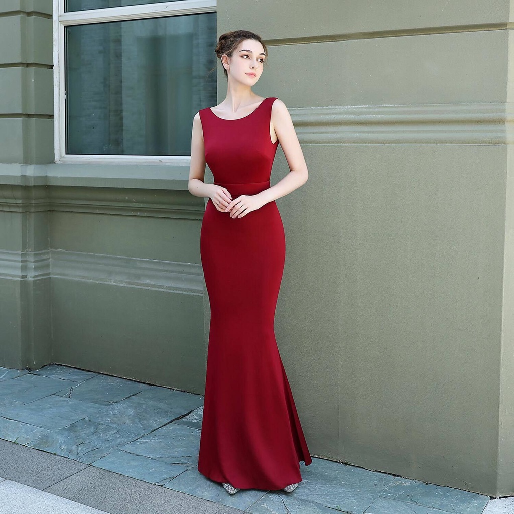 [MTO] Backless Long Mermaid Evening Gown - Burgundy