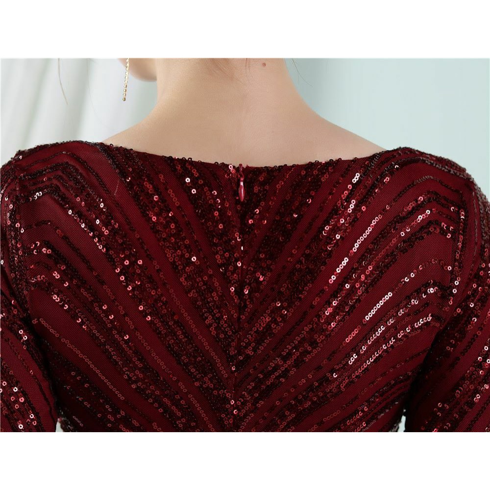 Long Sleeve Sequins Mermaid Evening Gown (Maroon) (Made To Order)
