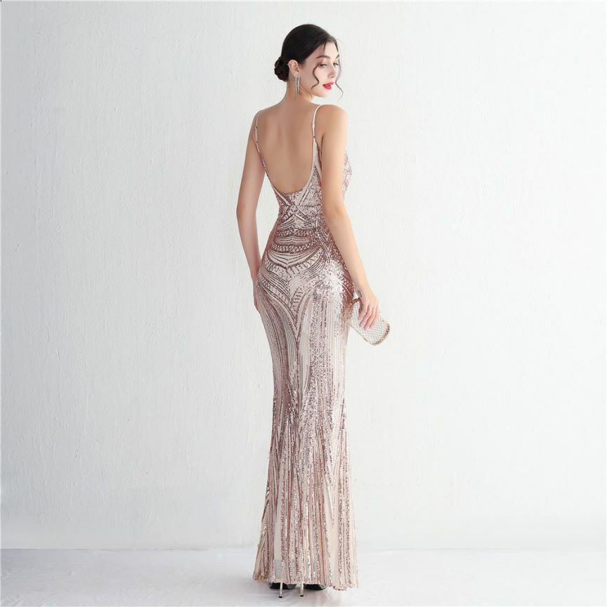 Low Back Spaghetti Mermaid Evening Gown (Gold) (Made To Order)
