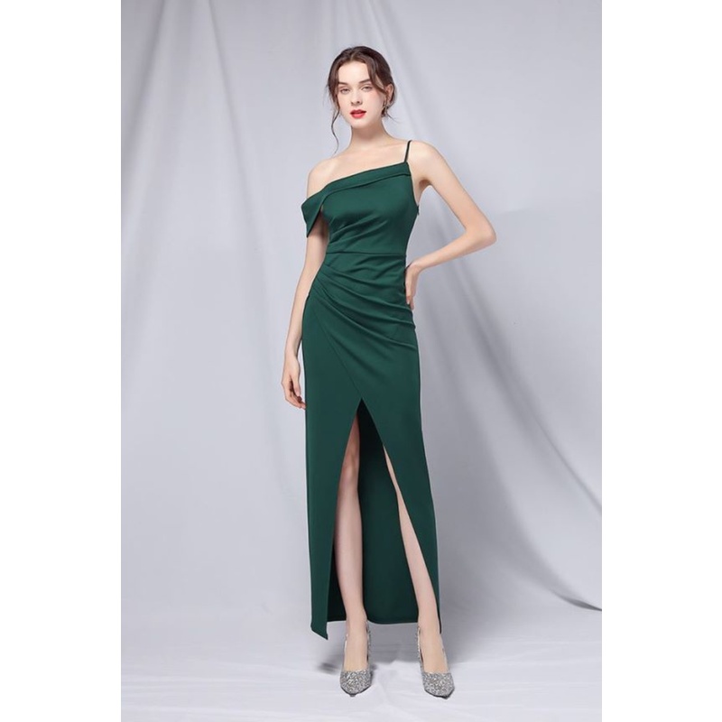 One Side Shoulder Pleated Slit Midi Dress (Green) (Retail)