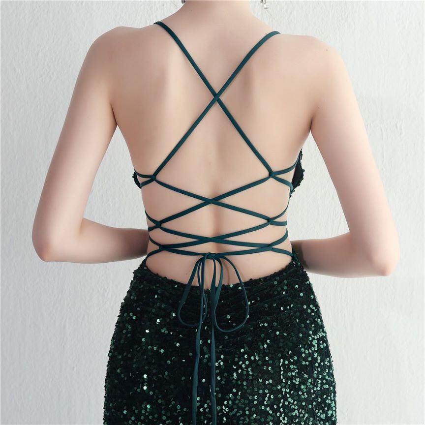 Back Cross String Sequins With Slit Evening Gown (Green) (Made To Order)