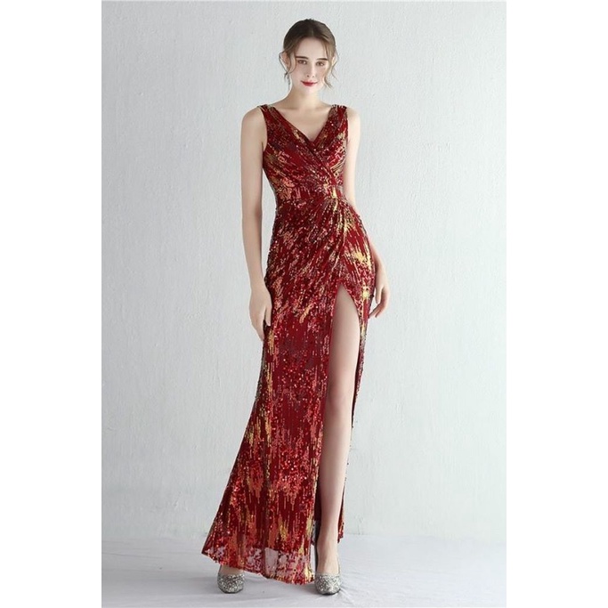 Multicolors Sequins V-Neck High Slit Evening Gown (Red) (Made To Order)