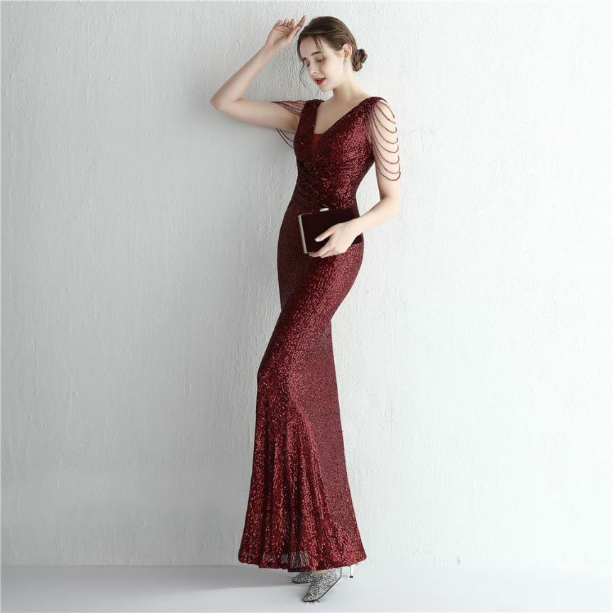 Illusion V-Neck Folded Waist Evening Gown (Maroon) (Made To Order)