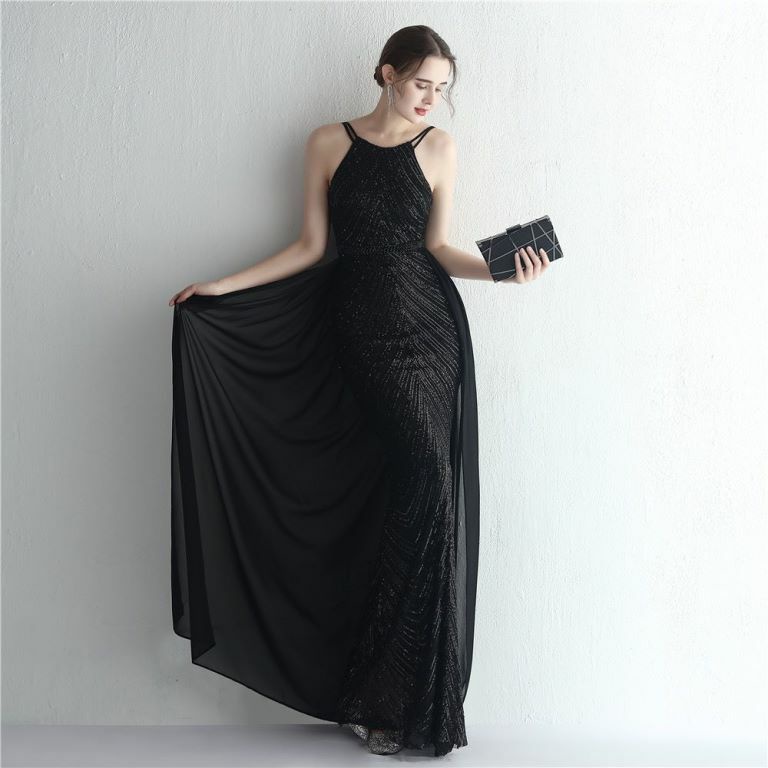 Halter Sequins with Cape Skirt in Mermaid Style Evening Gowns (Black) (Made To Order)