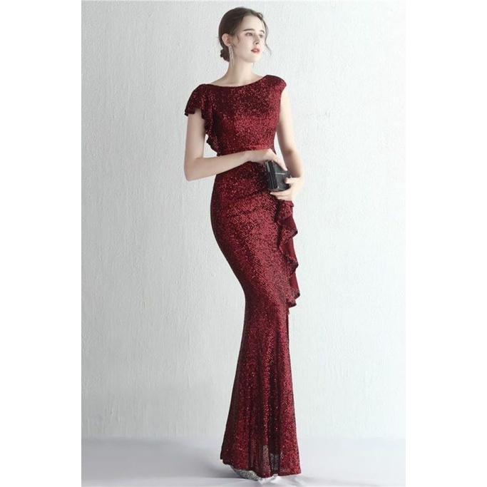 Cover Sleeve Sequins with Ruffles Slit Evening Gown (Maroon) (Made To Order)