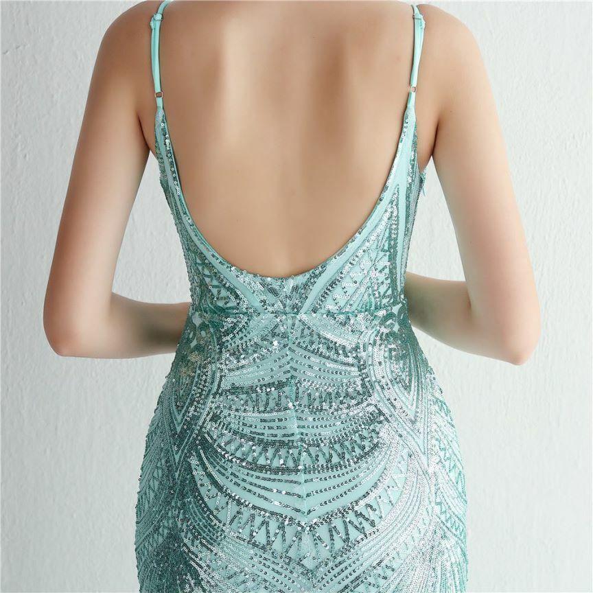 Low Back Spaghetti Mermaid Evening Gown (Light Green) (Made To Order)