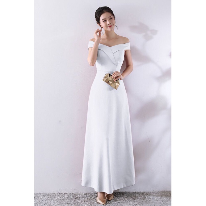 Off Shoulder Plain Flare Long Gown (White) (Retail)