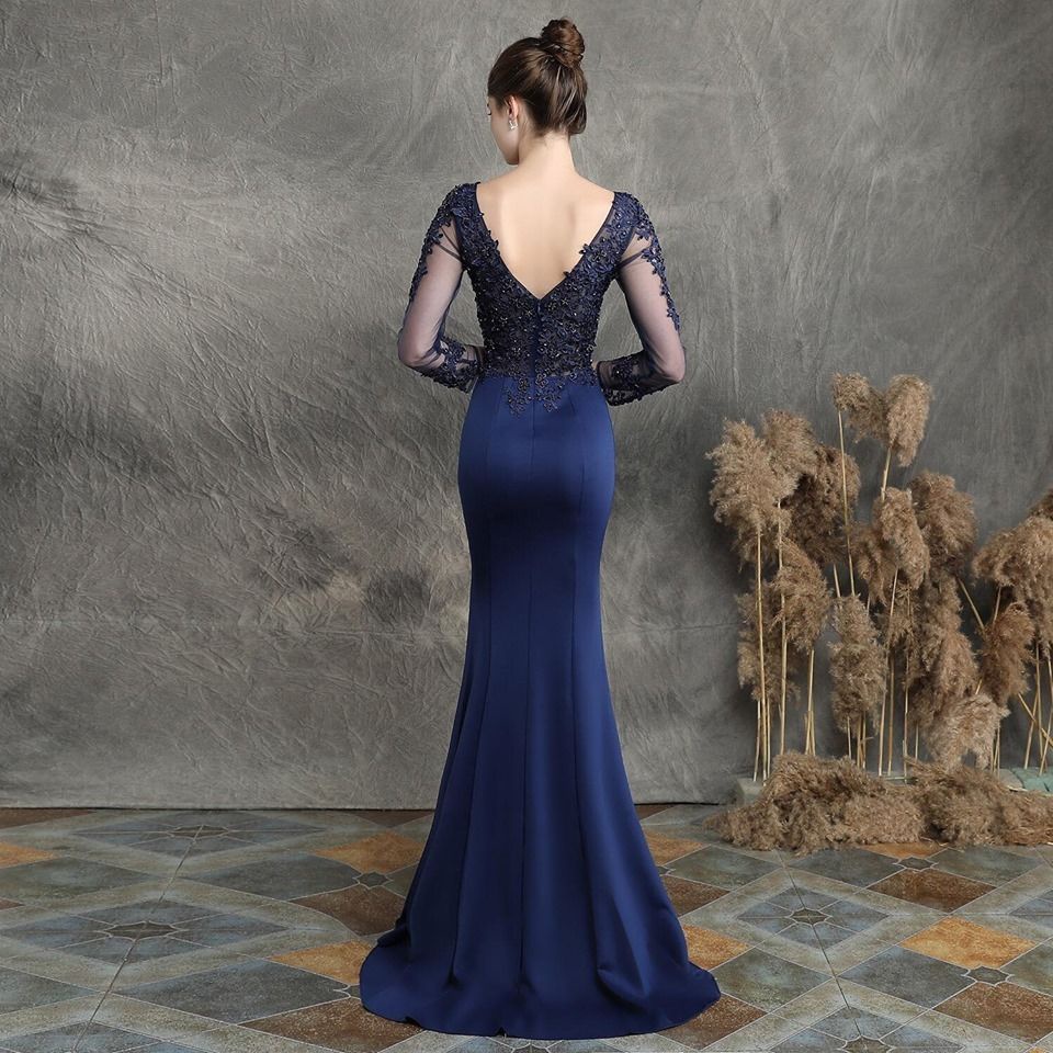 Long Sleeve Luxury Lace Fish Tail Mermaid Gown (Navy Blue) (Made To Order)