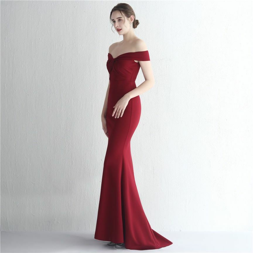 Off Shoulder Twist Slim Mermaid Long Evening Gown (Maroon) (Made To Order)