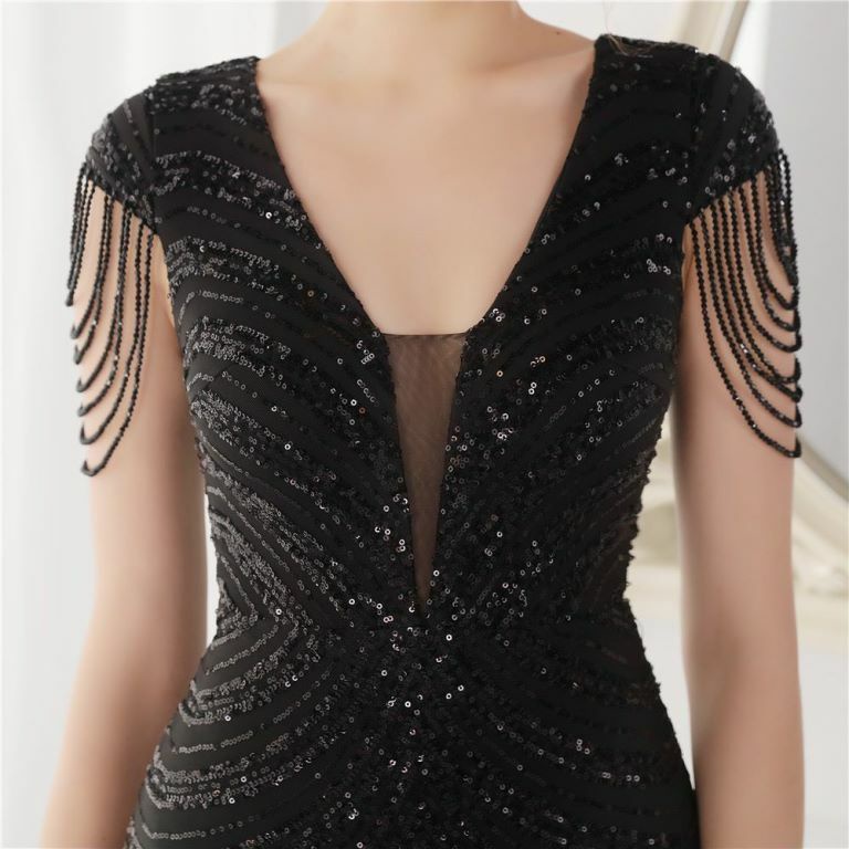 Illusion V-Neck Sequins with Beads Mermaid Evening Gown (Black) (Made To Order)