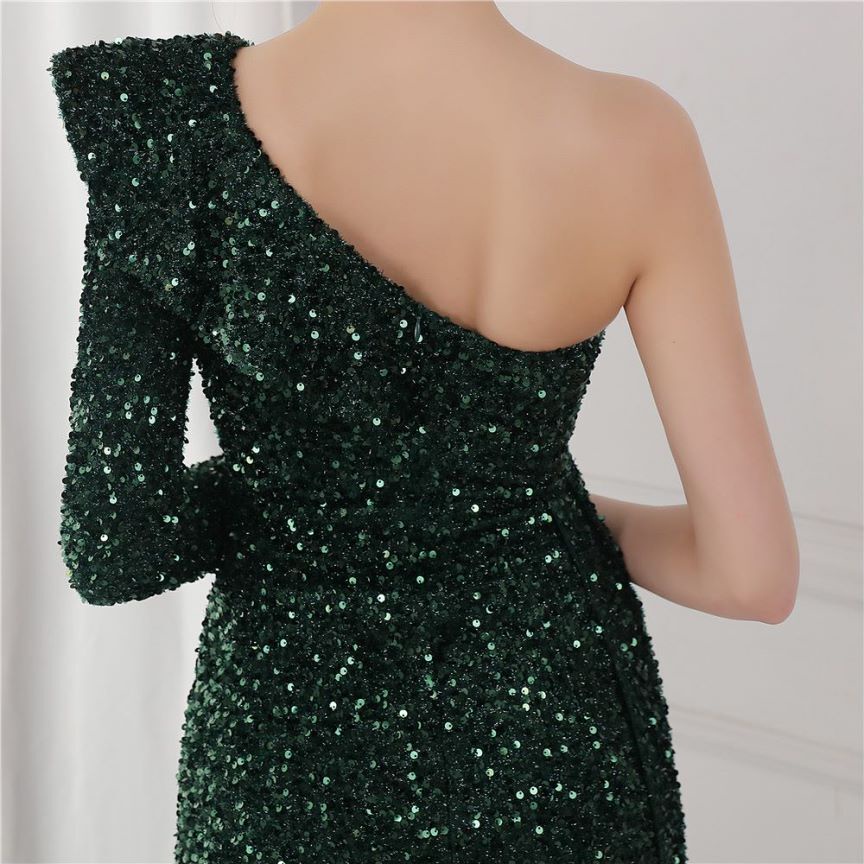 Ruffles One Side Long Sleeve Sequins Evening Gown (Green) (Made To Order)
