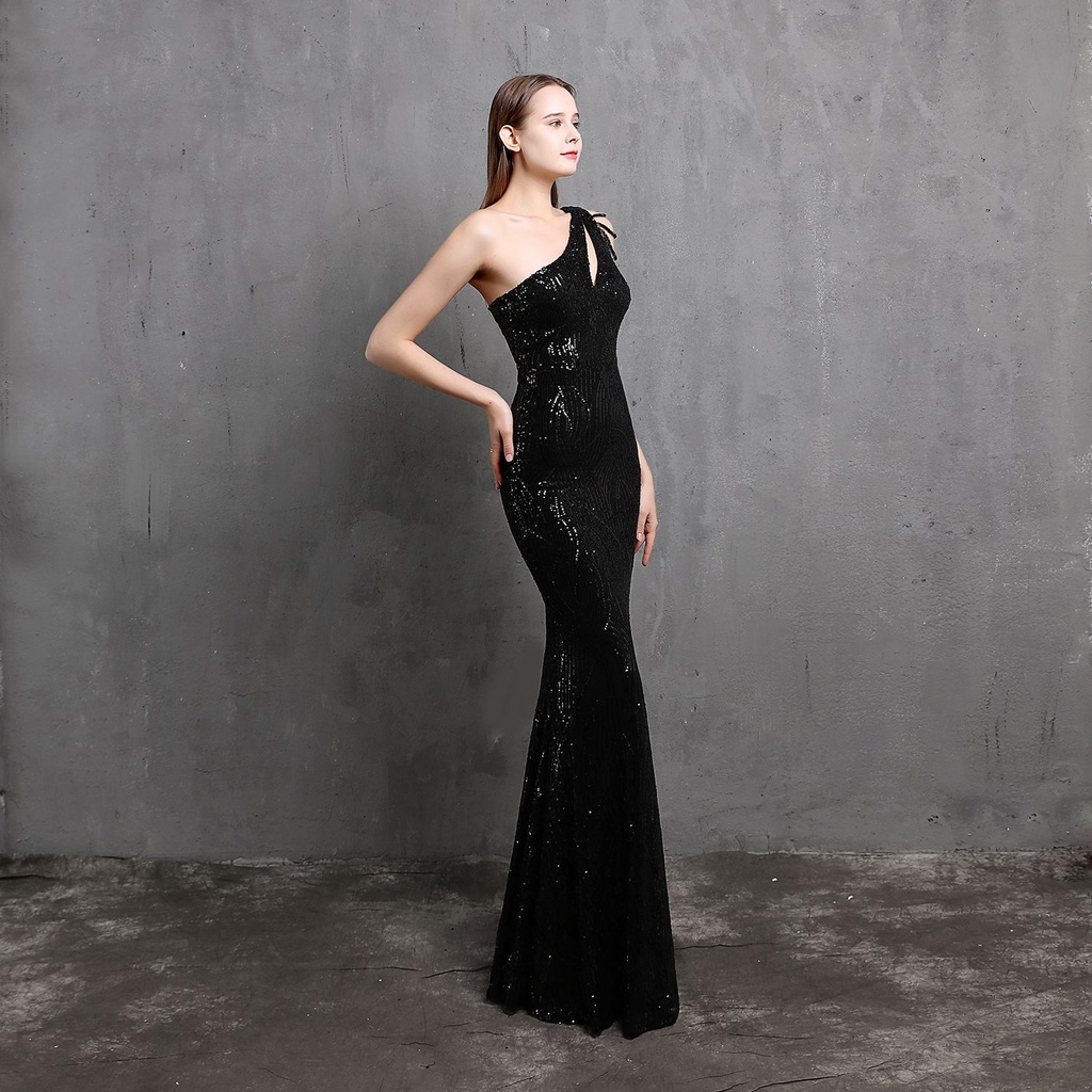 One Side Off Shoulder with Crystal Beads Sleeve Mermaid Evening Gown  (Black) (Retail)