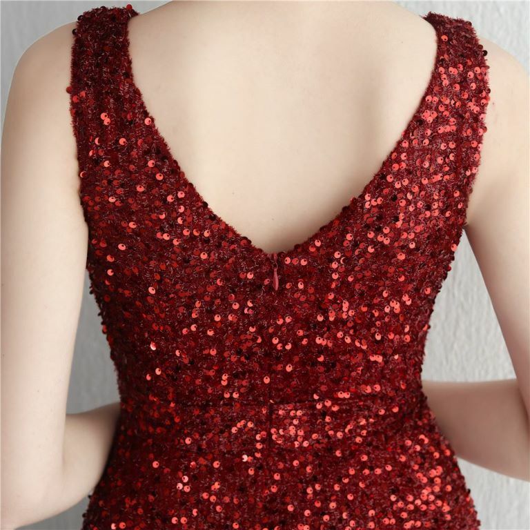 Sleeveless V-Neck Overlap Slit Evening Gown (Maroon) (Made To Order)