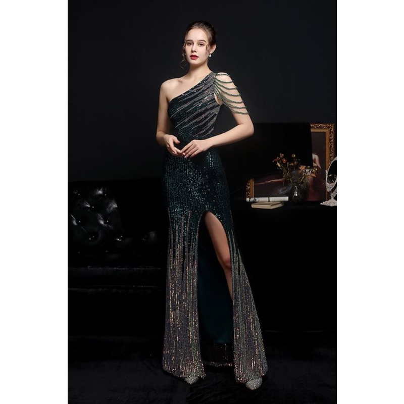 Elegant One Side Shoulder Sequins Two Tone Fitted with Slit Evening Gown (Green) (Made To Order)
