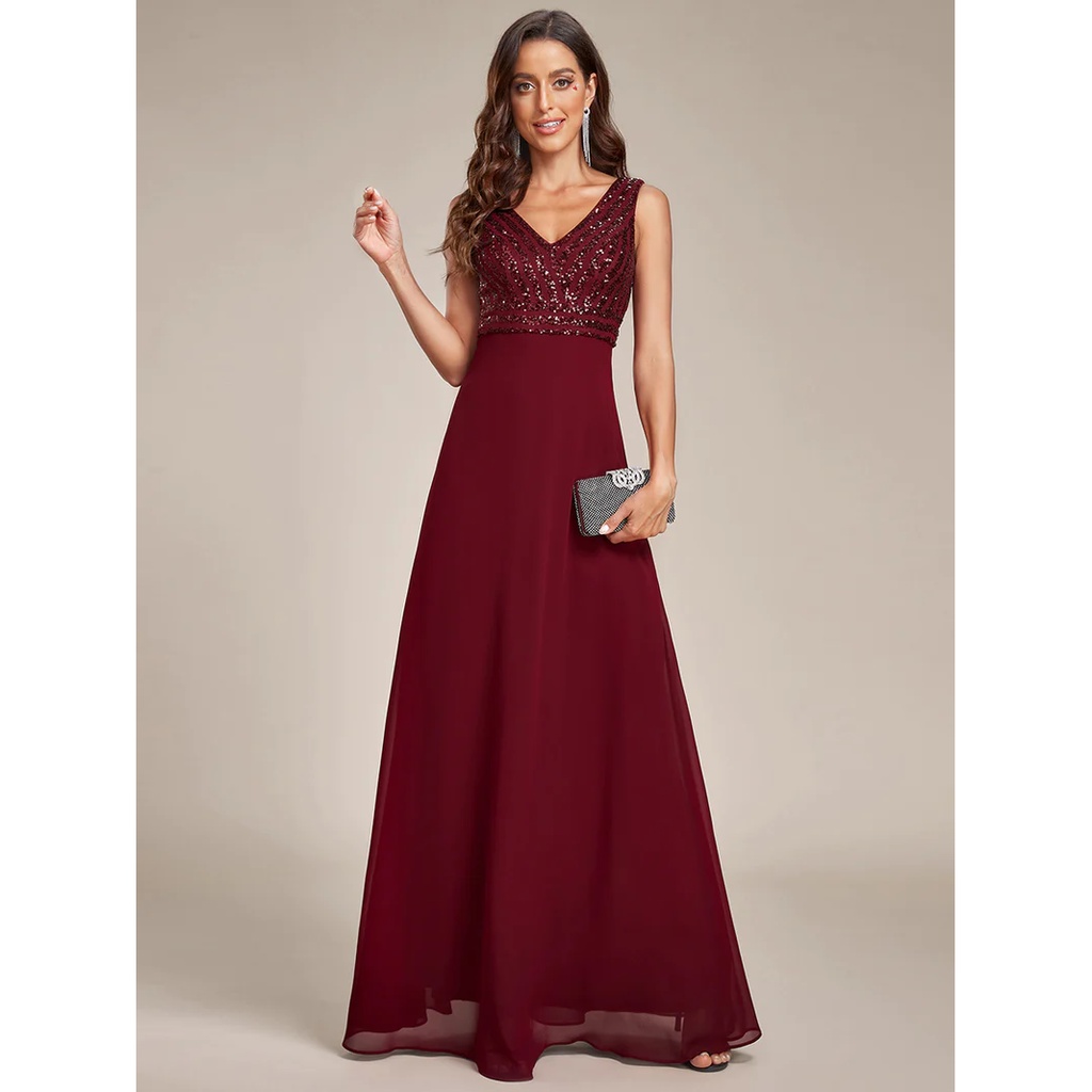 Sleeveless Sequin Chiffon A Line Gown (Maroon) (Made To Order)