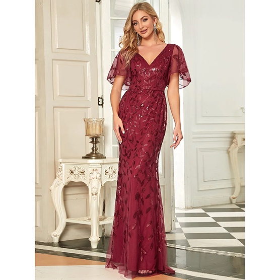 V Neck Leaf-Sequined Fishtail Evening Gown (Burgundy) (Made To Order)