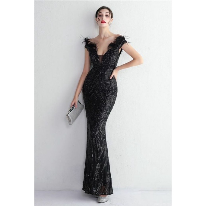 Elegant Off Shoulder Feather Mermaid Evening Gown (Black) (Made To Order)