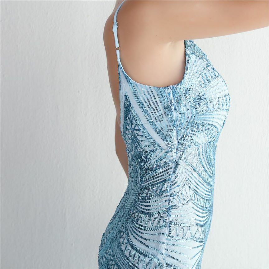 Low Back Spaghetti Mermaid Evening Gown (Light Blue) (Made To Order)