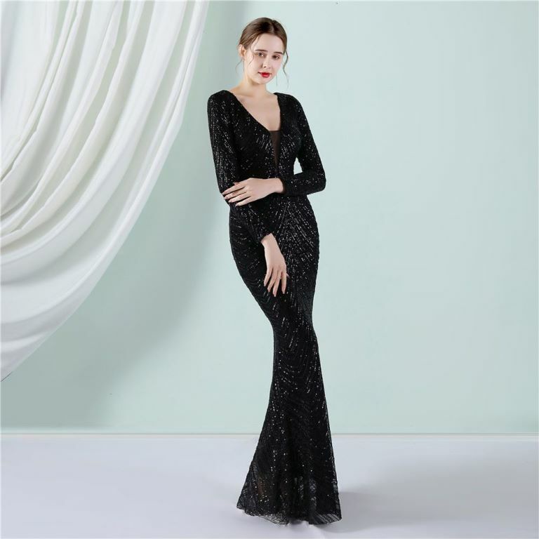 Long Sleeve Sequins Mermaid Evening Gown (Black) (Made To Order)