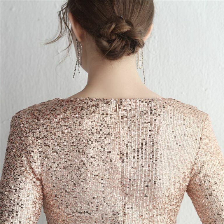 Long Sleeve Sequins Fitted Dress (Rose Gold) (Made To Order)
