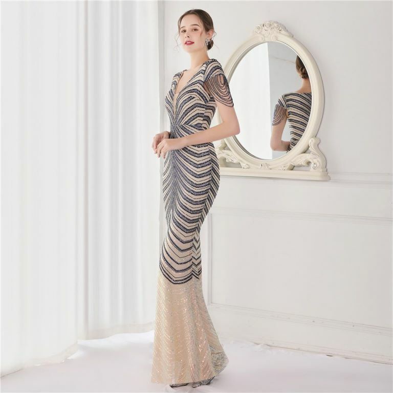 Illusion V-Neck Sequins with Beads Mermaid Evening Gown (Grey) (Made To Order)