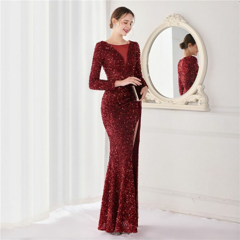 Long Sleeve Illusion V-Neck Evening Gowns (Maroon) (Made To Order)