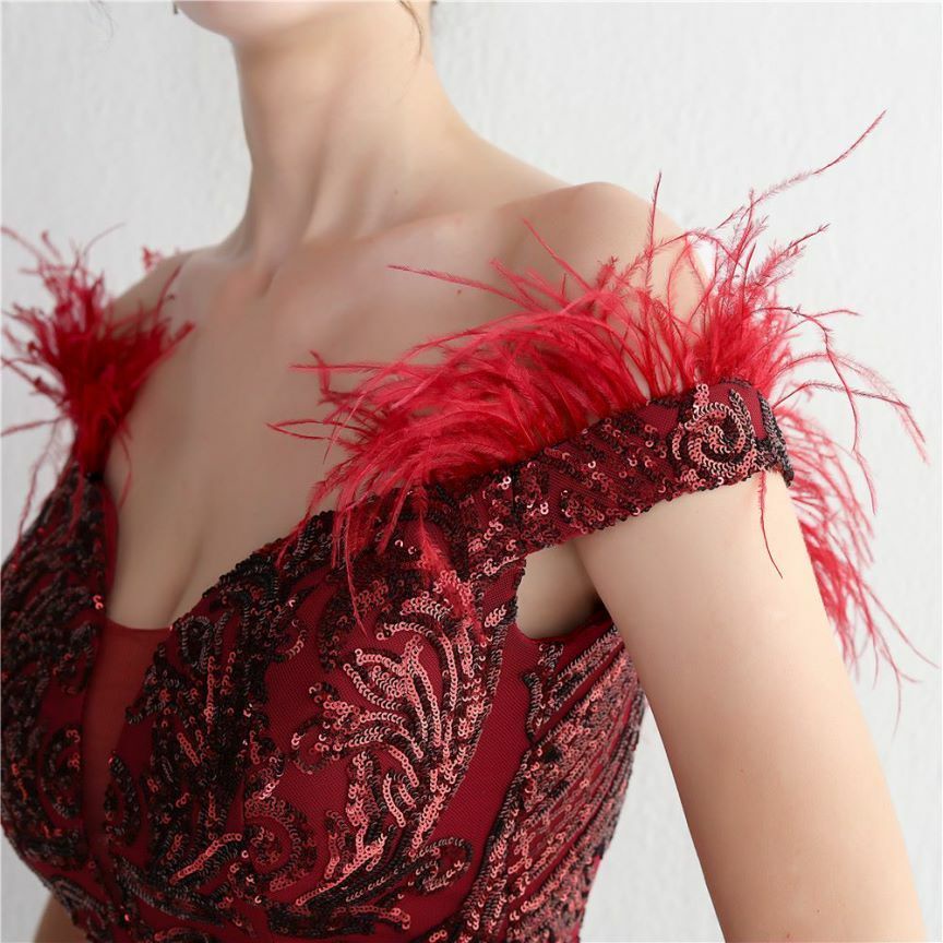 Elegant Off Shoulder Feather Mermaid Evening Gown (Maroon) (Made To Order)
