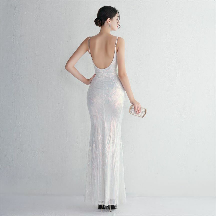 Low Back Spaghetti Mermaid Evening Gown (White) (Made To Order)