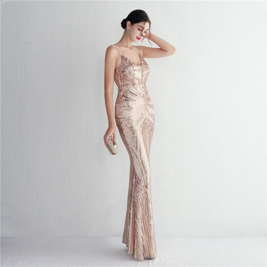 Low Back Spaghetti Mermaid Evening Gown (Gold) (Made To Order)