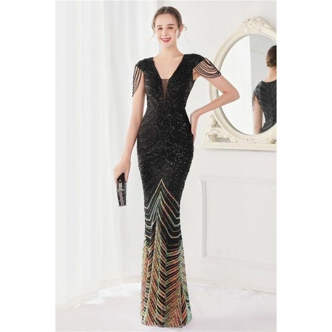 Illusion V-Neck Sequins with Beads Mermaid Evening Gown (Black) (Retail)