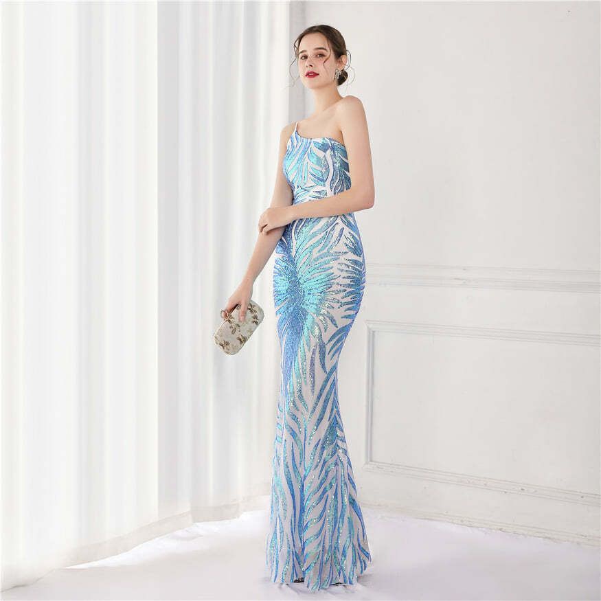 One Side Sling Shoulder Sequins Mermaid Gown (Blue) (Retail)