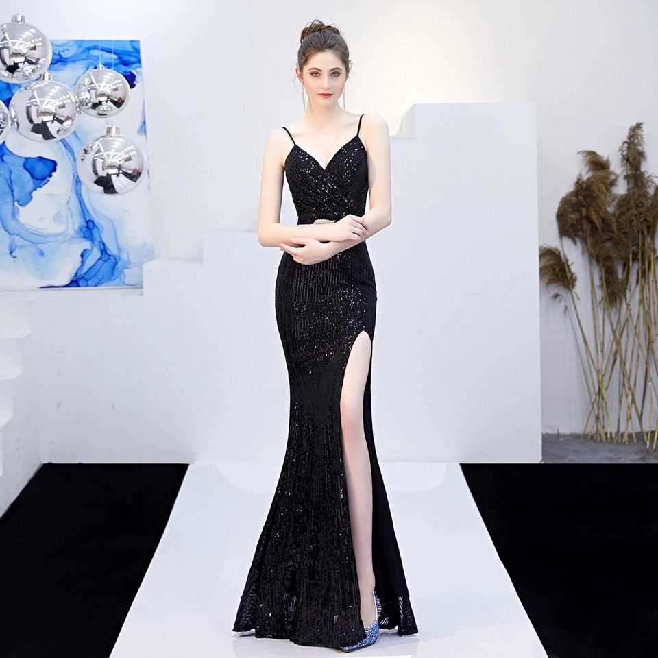 Sexy High Slit Long Evening Gown (Black) (Made To Order)