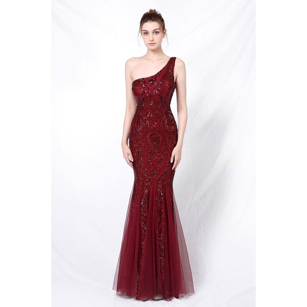 One Side Shoulder Sequins Mermaid Evening Gown (Burgundy) (Made To Order)