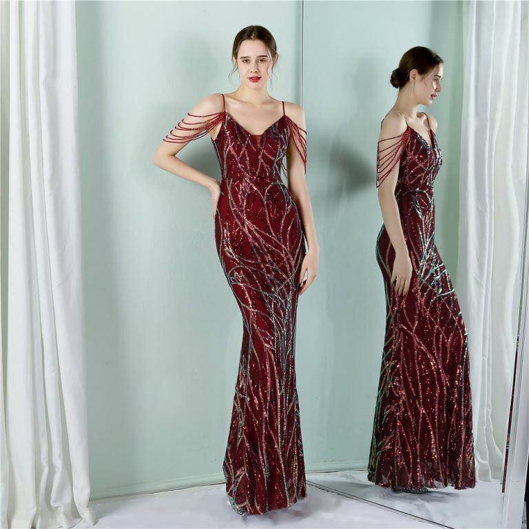 Spaghetti Pattern Sequins Mermaid Evening Gown (Maroon) (Made To Order)