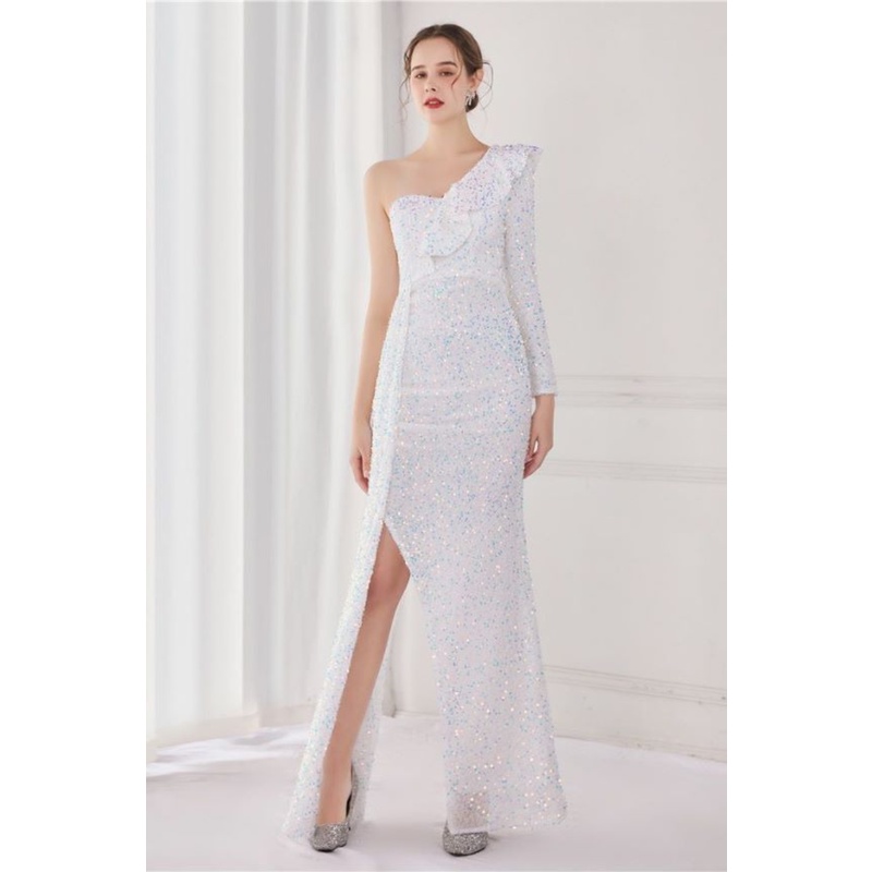 Ruffles One Side Long Sleeve  Sequins Evening Gown (White) (Made To Order)