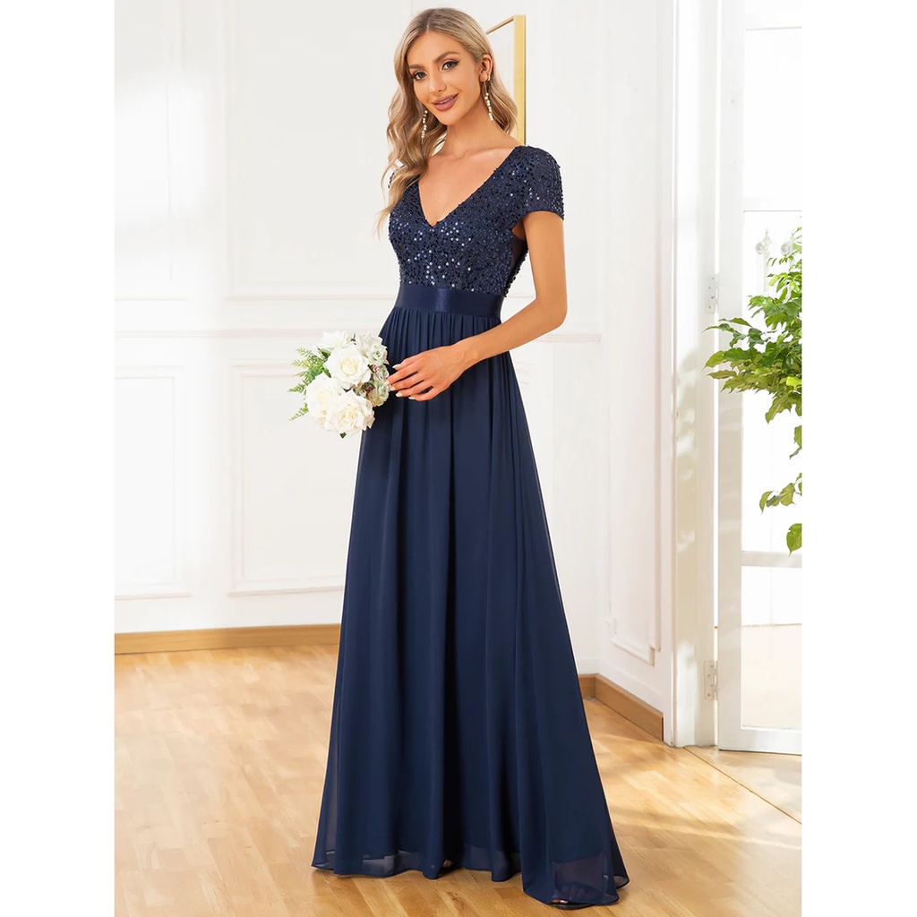 Short Sleeves Sequins A-Line Evening Gown (Navy Blue) (Retail)