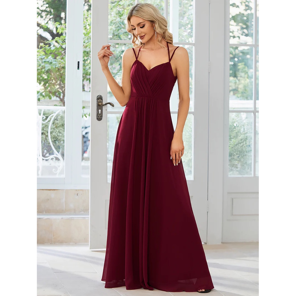 Lace V Back Chiffon A-line Evening Dress (Maroon) (Made To Order)