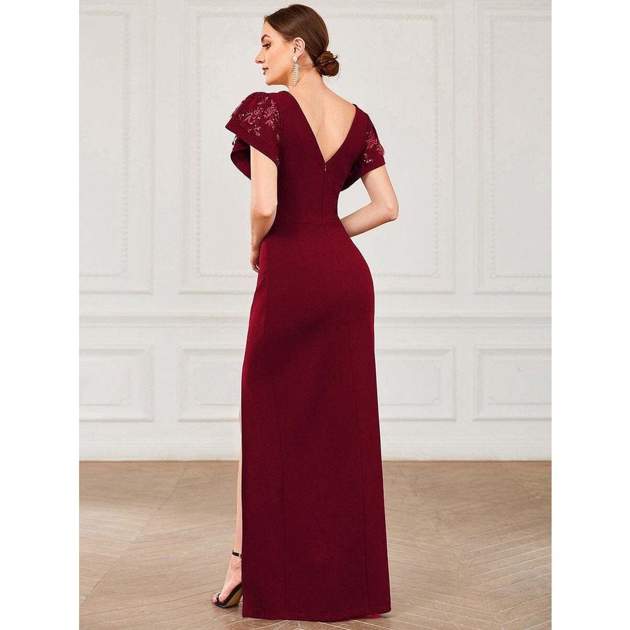 Deep V Neck Pencil Split Flare Sleeve Evening Gowns (Maroon) (Retail)