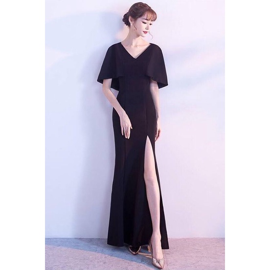 Elegant V-Neck High Slit Evening Dress (Black) (Made To Order)