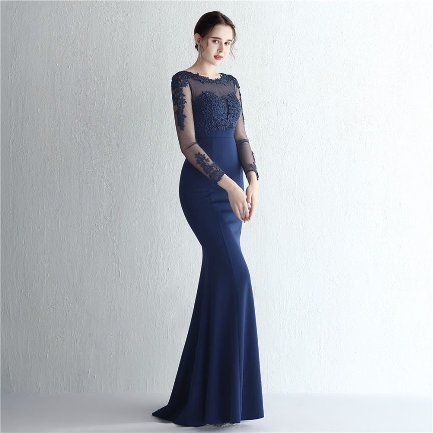 Elegant Long Sleeve Lace Mermaid Evening Gown (Navy Blue) (Retail)