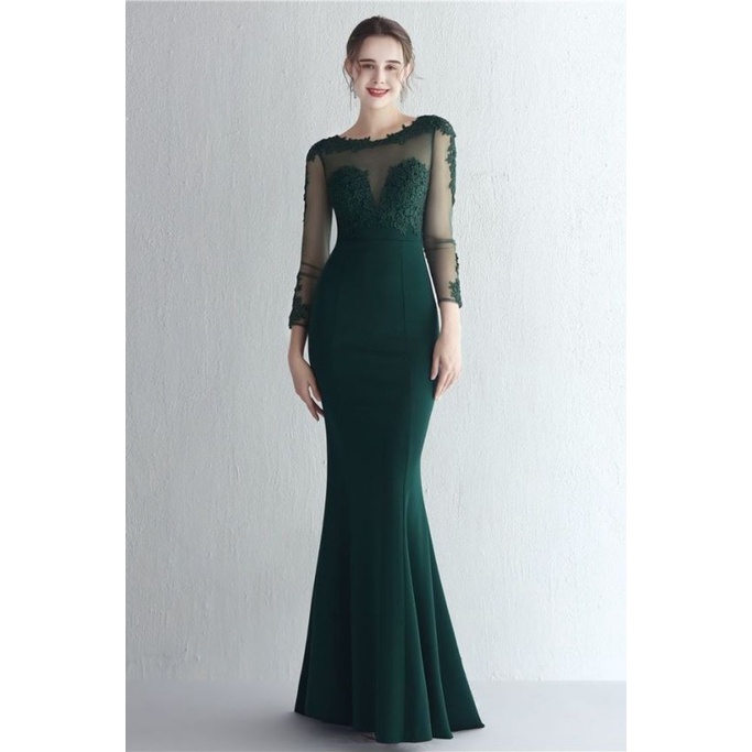 Elegant Long Sleeve Lace Mermaid Evening Gown (Green) (Retail)