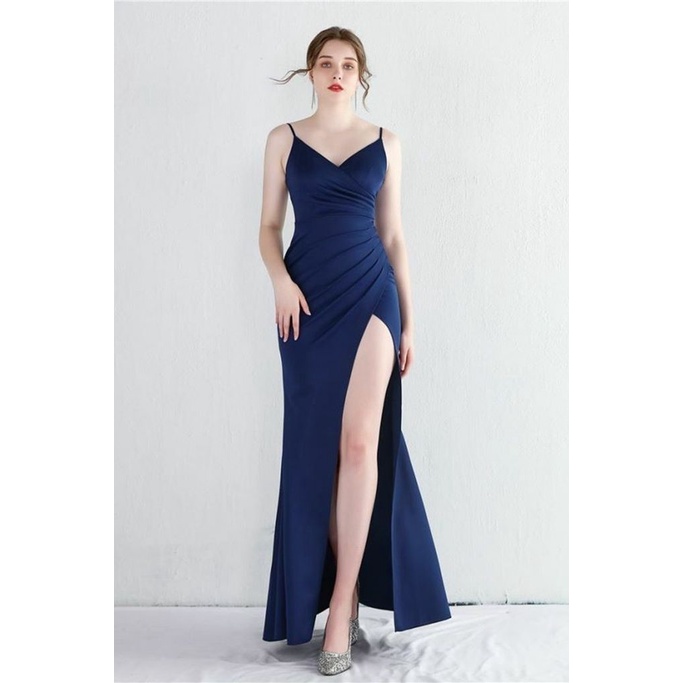 Spaghetti Gather Waist High Slit Evening Gown (Blue) (Made To Order)