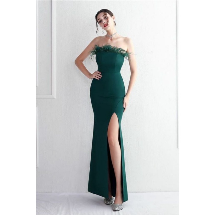 Strapless Feather Bodycon Evening Gown (Green) (Made To Order)