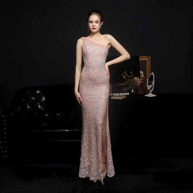 Beads One Side Off Shoulder Sequins Evening Gown (Pink) (Made To Order)