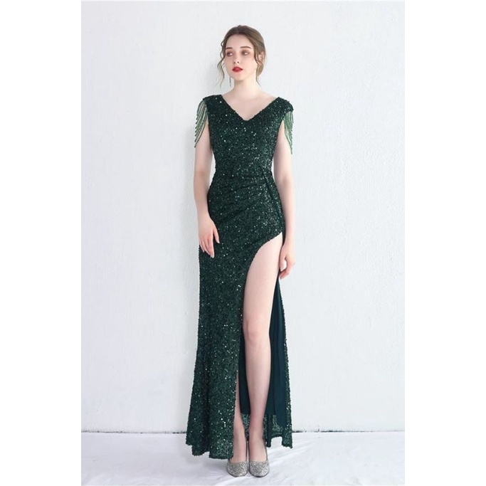 V-Neck Sequins Overlap High Slit Evening Gowns (Green) (Retail)