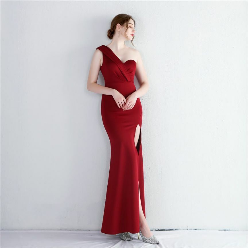 One Side Off Shoulder with High Slit Evening Dress (Maroon) (Made To Order)