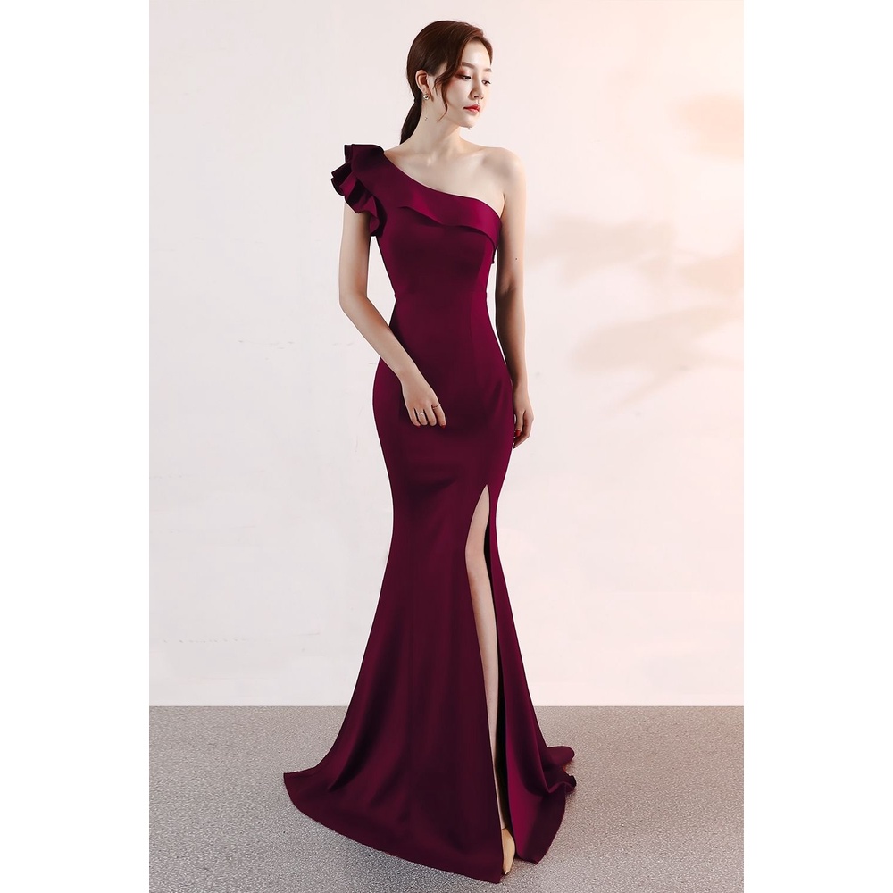 One Side Off Shoulder Ruffles Fitted Evening Gown (Burgundy) (Made To Order)