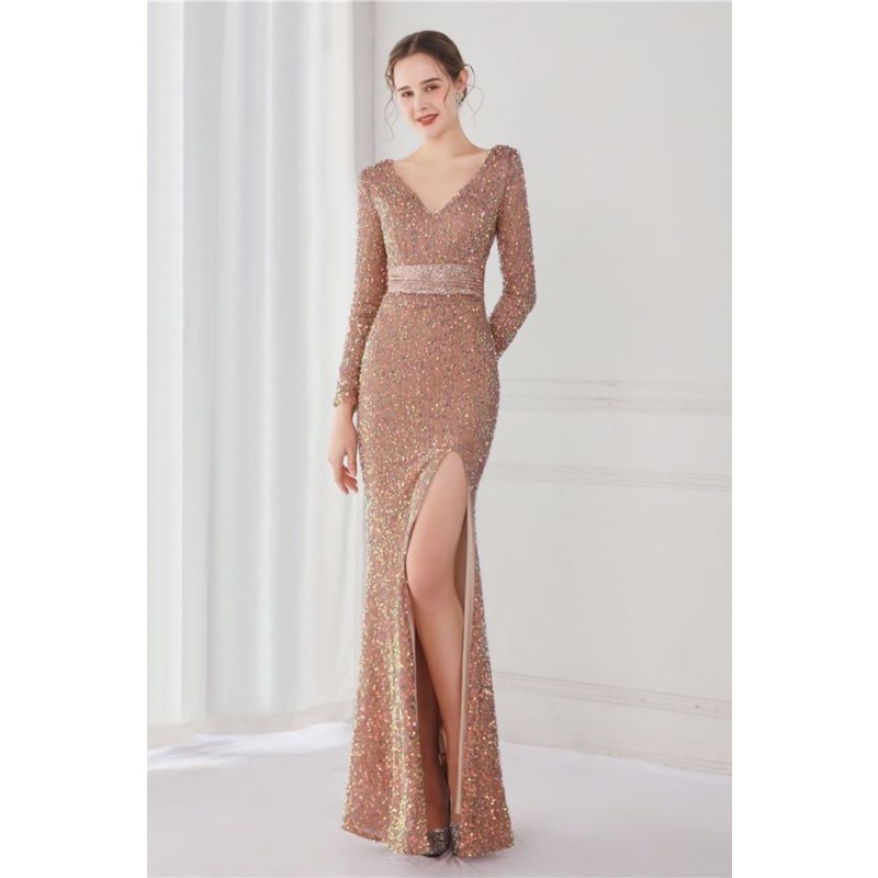 Elegant Long Sleeve Sequins Evening Gown (Gold) (Made To Order)